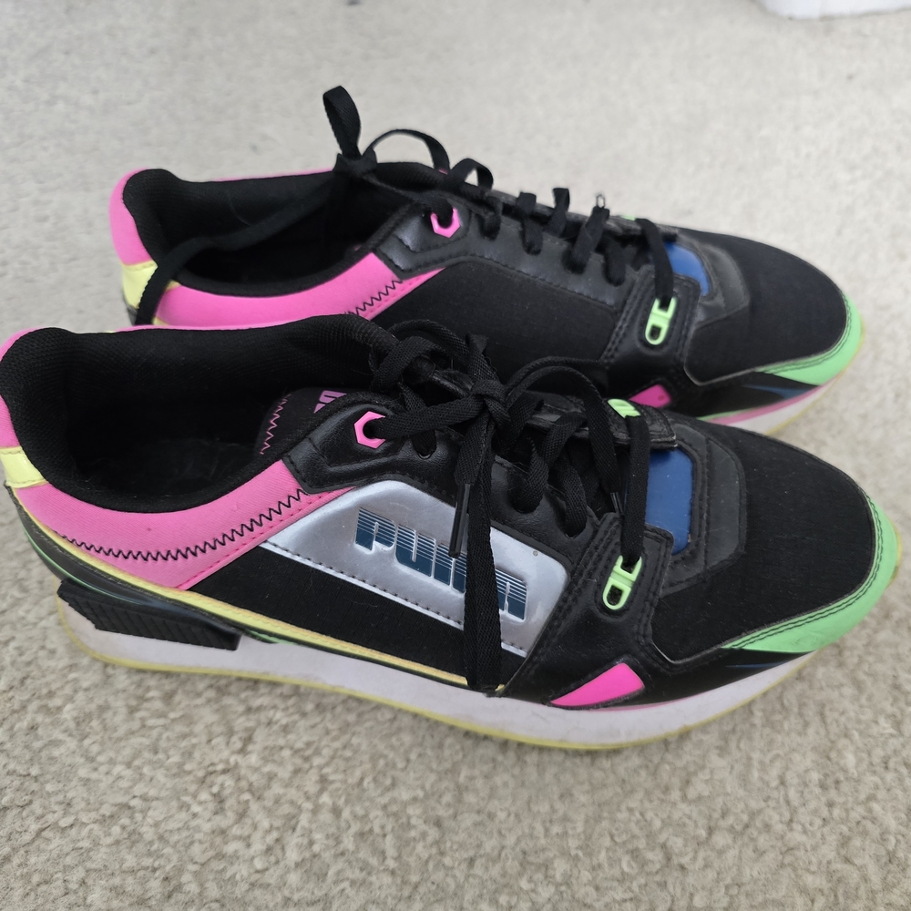 Puma Size 9 Women's Mile Rider - Black Sneakers with Pink, Green & Blue Accents